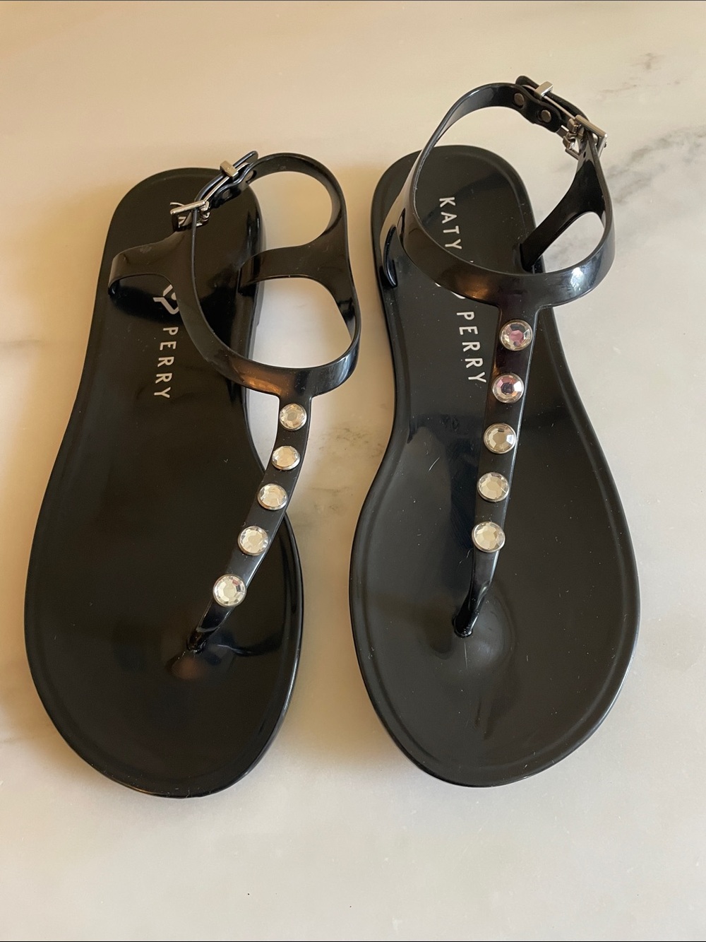 Katy Perry Collections Black Jelly T-Strap Sandals with Rhinestones